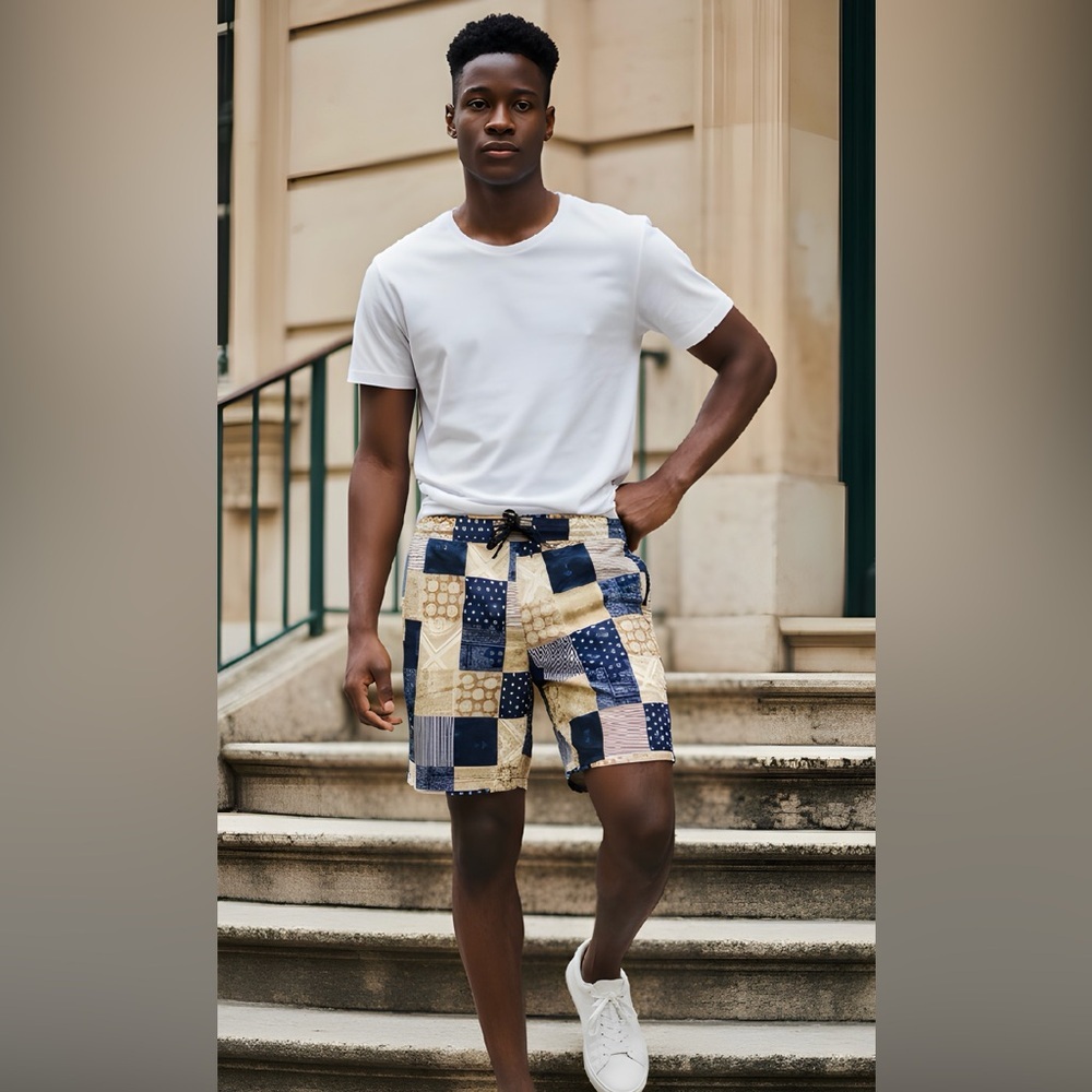 NWT Fresh Prints of Bel Air SZ XL navy/tan/white patchwork print shorts